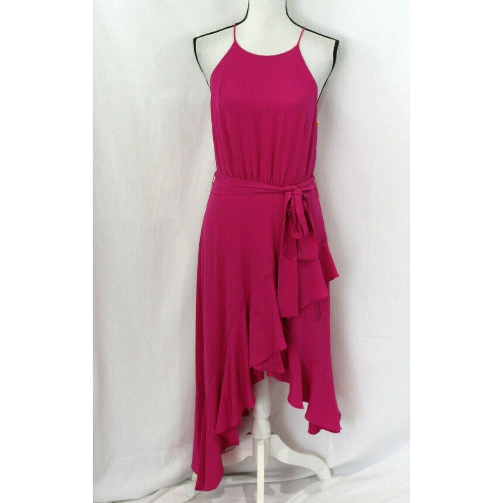 NWT CeCe Hot Pink Asymmetrical Ruffle Hem Halter Dress 10